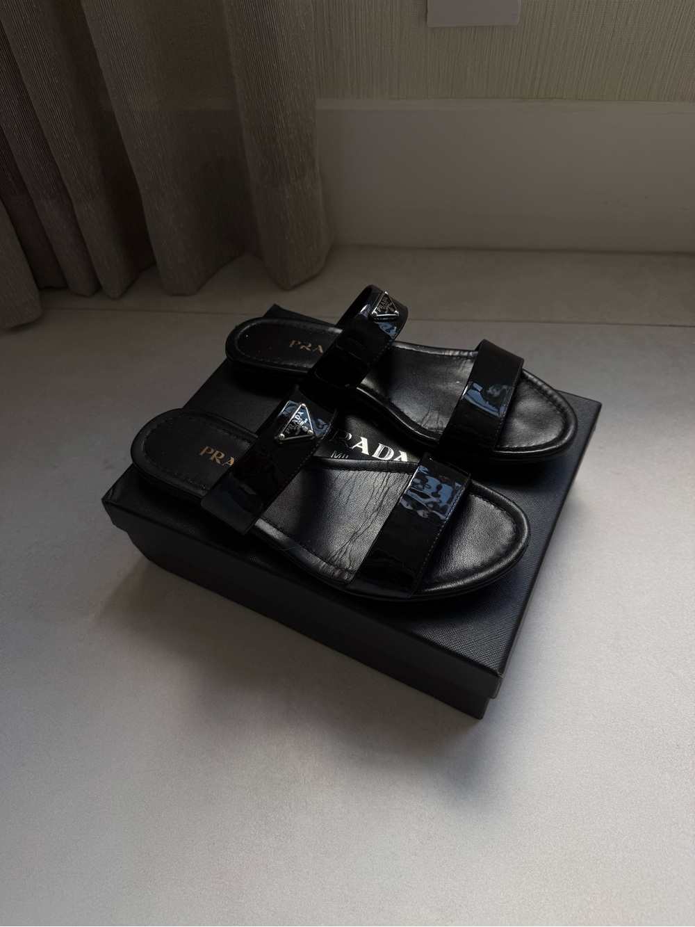 Prada Black Patent Leather Double-Strap Slide Sandals - Picture 7 of 8